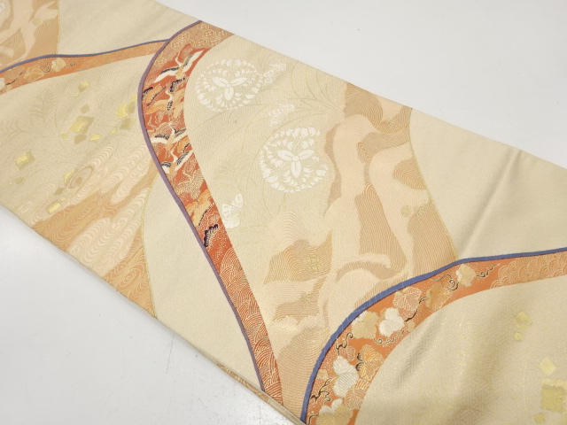 JAPANESE KIMONO / ANTIQUE FUKURO OBI / SILK / WOVEN CRANE & MOUNTAINS